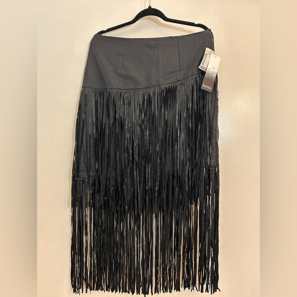 KENSIE Fringe Midi Skirt Faux Leather Black M Medium NWT + Some Damage SEE PICS